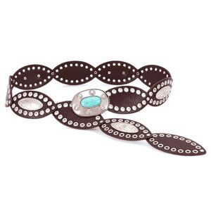 BNWT Coffee Faux Leather Statement Turquoise Oval Buckle Western Belt Boho Belt